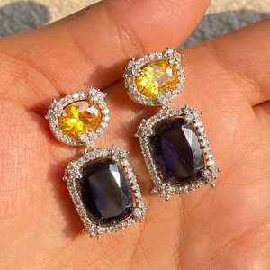 Orecchini Pendenti Quadrati in Zircone Blu Bicolore per Donne, Gioielli Eleganti Vintage alla Moda - Product Image 5