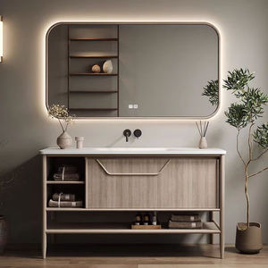 Villa Modern Lacquer MDF Smart <b>Mirror</b> Bathroom Cabinet with Integrated Basin Curved Design <b>for</b> Hospital Use - Product Image 3