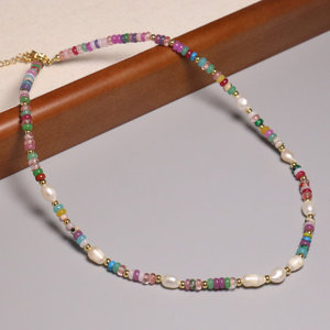 Collana da Donna Trendy Placcata Oro <span class=keywords><strong>con</strong></span> Perle Imitazione Giada e Perle Barocche, Set Gioielli <span class=keywords><strong>con</strong></span> Ciondolo a Abaco e Perline Delicate - Product Image 1