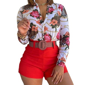 Strandvakantie Dames Trainingspak Gebloemd Shirt Met Lange Mouwen En Korte Broek Bij Twee 2-delige Set Outftis Sweatsuit Dames Shorts Set - Product Image 6