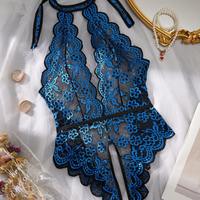 Body Teddy Respirant en Dentelle Brodé Rouge et Noir pour Femme, Lingerie Halter à Col en V Profond, Nuisette Une Pièce en Maille Transparente