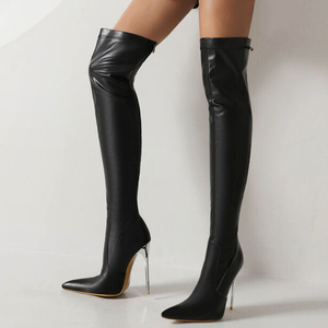 Big Size 46 Women Silver Slim Heels Over Knee High Boots Ladies Sexy Wide Fit Shoes Dress Stiletto Back Zipper Long <b>Booties</b> - Product Image 1
