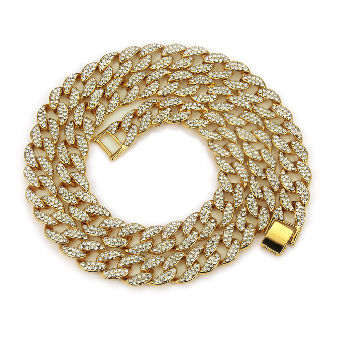 Gold Finish Iced Out Hip Hop Cuban Link Chain Necklace for Women