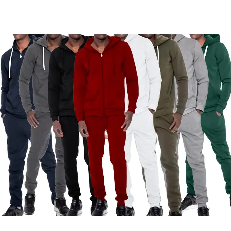 mens training & jogging wear plain zipper up two piece outfits sweat suit sweater with hood men's tracksuits cardigan set