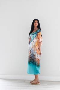 Boho Maxi <b>Dress</b> Women Floral Print Cotton Loose Fit Half Batwing <b>Sleeve</b> Scoop Neck <b>Summer</b> Casual Wear Kaftan <b>Dress</b> For Women - Product Image 3