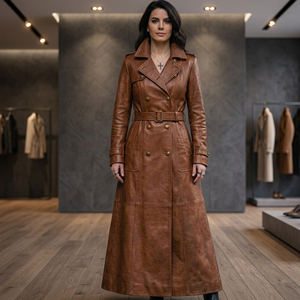 Abrigo Largo de Cuero Genuino Lavado Ecológico para Mujer, Estilo Gabardina, Doble Botonadura, con Cinturón, Largo Completo, Marrón, Vintage, para Invierno - Product Image 3