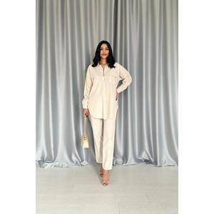Elegante conjunto de camisa beige para mujer y pantalones con botones a presión, 100% algodón Oxford, traje antiarrugas. - Product Image 5