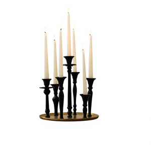 Black Metal Candle Holder Set with Taper Candles on Gold Tray for Traditional Home Decor - Product Image 2