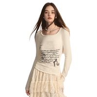 Ropa de mujer Y2K Sweet Top Nylon encaje transpirable manga larga letra impresión camiseta Slim Fit Street ropa de mujer