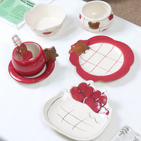 Service de table en céramique motif Ours Pomme de dessin animé, tasse à carreaux peinte à la main, vaisselle en porcelaine mignonne pour usage domestique quotidien