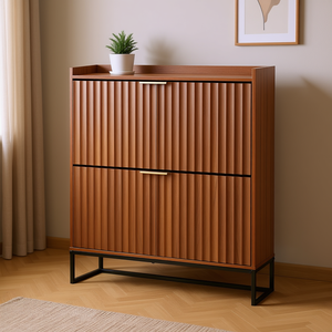 Mueble Zapatero de Nogal Estilo Mid-Century con 2 Cajones, Diseño Acanalado, Antivuelco, para Sala de Estar o Dormitorio - Product Image 2