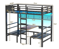 Lit superposé en bois réglable industriel, lit double avec bureau, lumières LED, station de charge, garde-corps de sécurité convertible, lit mezzanine double avec escalier