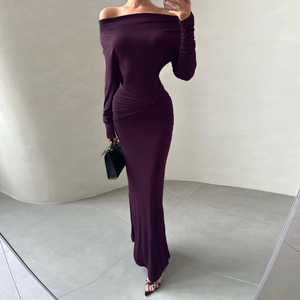 Vestido Maxi Elegante Estilo Europeo Americano, Diseño de Hombros Descubiertos, Cintura Ajustada, Corte Entallado, Color Sólido, Minimalista y Favorecedor - Product Image 5