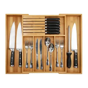 Organizador de gavetas de bambu expansível, suporte de utensílios e talheres com divisor e faca removível, bloco de cozinha organizador
