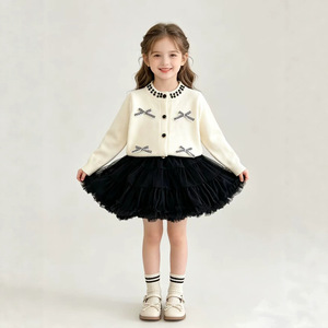 Cardigan Casual <span class=keywords><strong>in</strong></span> Pizzo Lavorato a Mano con Fiocco Piccolo e Gonna Tutu <span class=keywords><strong>in</strong></span> <span class=keywords><strong>Tulle</strong></span>, Set Due Pezzi Autunno Inverno per Bambine - Product Image 3