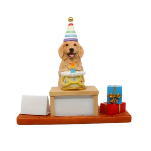 Escultura de Resina de Golden Retriever para Cumpleaños, Adorable Perro con Gorro de Fiesta a Rayas y Pastel con Vela, Celebración de Mascotas Hecha a Mano - Product Image 6