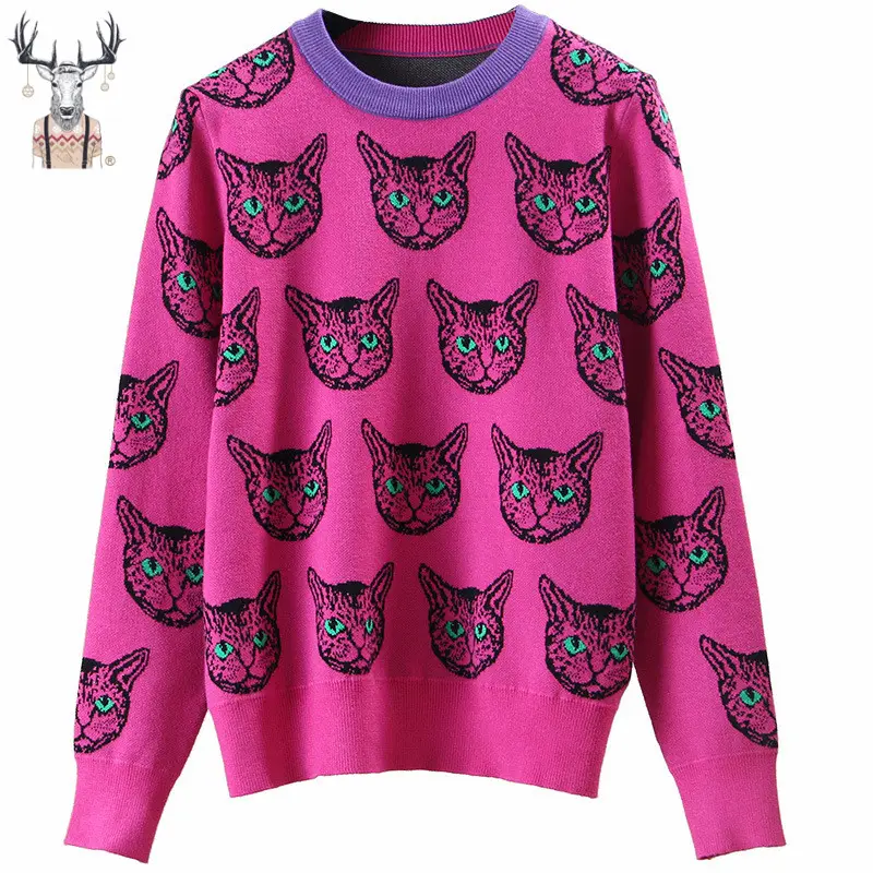 Hot Sale Crew Neck Long Sleeve Cat Custom Pattern Custom Round Neck Pullover Sweater