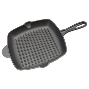 Plancha cuadrada de hierro fundido precurada con estrías verticales y asa auxiliar, ideal para asar y cocinar en parrilla - Product Image 2