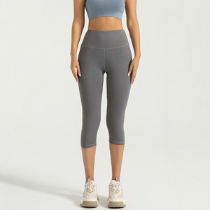 <b>Women's</b> High Waist Seamless Hollow Out Gray Capri Yoga <b>Leggings</b> Medium Support Solid Color Stretchy Breathable for Gym Yoga - Product Image 1