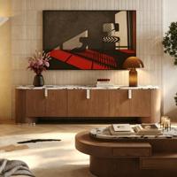 Meuble TV autoportant moderne en chêne courbé avec comptoir en marbre, console TV en bois grande capacité pour rangement dans le salon