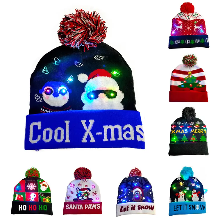 Groothandel Winter Gebreide Pompom Kerstman Xmas Kerst Hoed Met Led Licht Kerstman Hoed