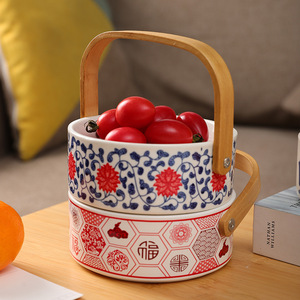 Cesta de frutas de cerámica Master Gu con asa de madera, diseño rojo y azul, para almacenamiento de aperitivos en la sala de estar - Product Image 4
