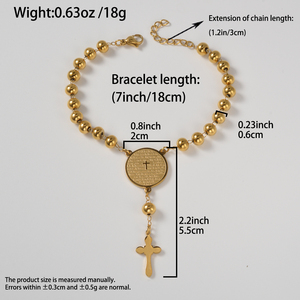 Western Geometric Gold Plated Smooth Ball Rosary Cross Prayer Scripture Coin Adjustable 316L Stainless Steel Women's <b>Bracelet</b> - Product Image 6