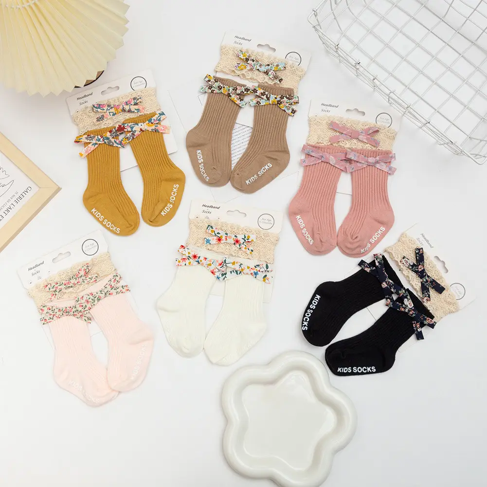 Lace Silk Bows Newborn Floral Socks Elastic Hairbands Toddler Girl Hair Accessories baby socks baby girl socks and headband set