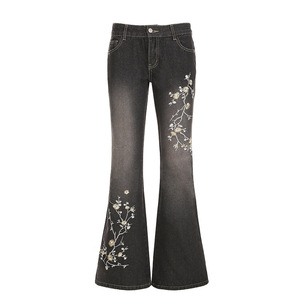 Y2K Floral Embroidery Distressed <strong>Jeans</strong> Vintage 2000s <strong>Low</strong> Rise <strong>Flared</strong> Loose Women Y2k Baggy Denim Pants Quick Dry High Street - Product Image 5