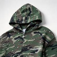 Sweat-shirt à capuche pour homme personnalisé avec des strass perlés sur toute la surface, imprimé camouflage, fermeture éclair intégrale, style streetwear hip-hop, veste oversize