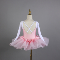 Vestido de Ballet Rosa y Blanco de Manga Larga con Tres Lazos y Cuello Cuadrado para Niñas, Traje de Leotardo para Clases de Ballet, Entrenamiento, Recital y Actuaciones