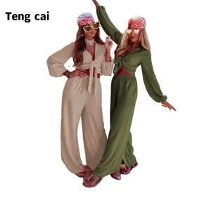 Teng cai 2024 yeni kadın rahat uzun kollu geniş bacak romper, v yaka romper, kadınlar için uygun artı boyutu giyim