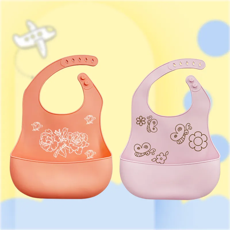 Fabricante personalizado Animal impreso BPA libre bebé silicona babero alimentación impermeable silicona Baberos para bebés con recogedor de alimentos