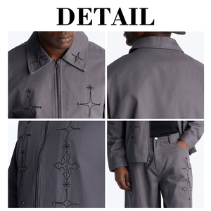 KingSen Wholesale <b>Gothic</b> Embroidery 2 Piece Men Set Heavyweight Twill Cotton Zip Up <b>Jacket</b> Shorts Casual Outfit Streetwear - Product Image 6
