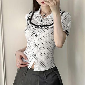 Camisa de Mujer con Cuello de Volantes y Estampado de Lunares, Manga Abullonada, Botones en la Parte Delantera, Estilo Dulce, Casual, Versátil, Manga Larga - Product Image 5