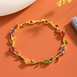 Braccialetto con Fiori Colorati Placcato Oro, Regalo <span class=keywords><strong>per</strong></span> <span class=keywords><strong>San</strong></span> <span class=keywords><strong>Valentino</strong></span>, Gioiello a Forma di Ramo <span class=keywords><strong>per</strong></span> Anniversario - Product Image 1