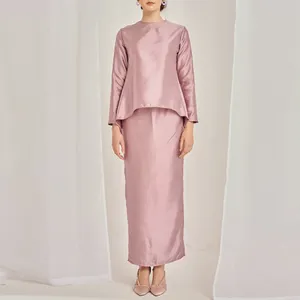 Custom fashion solid color pink elegant baju kurung 2024 modern malaysia islamic clothing satin baju kurung
