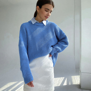Pull en tricot à manches longues pour femme, col rond, couleur unie, rose, automne-hiver, mode décontractée - Product Image 4