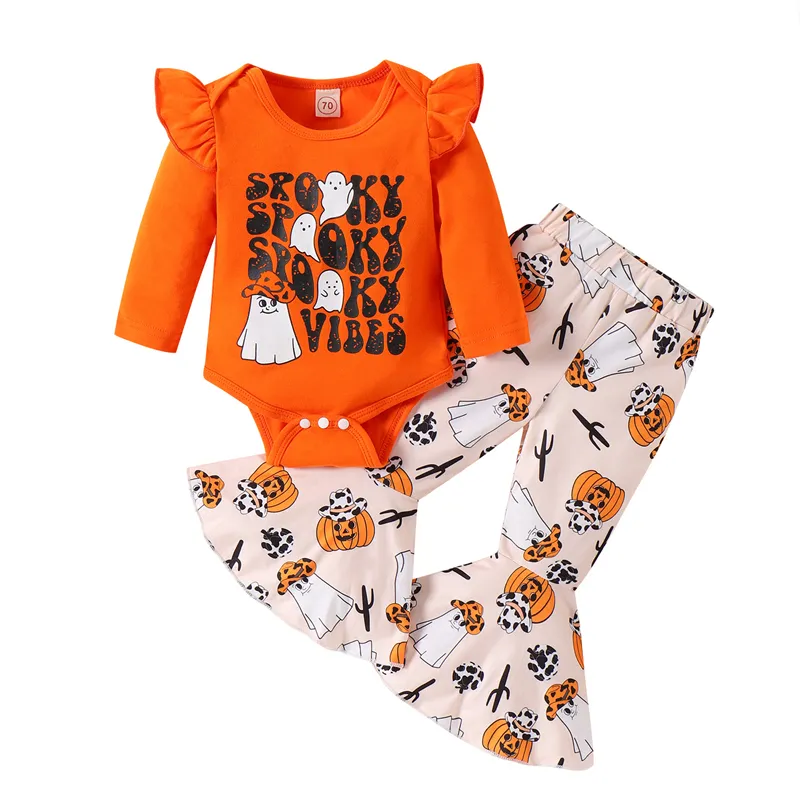 cotton 2pcs outfits halloween baby clothes girl clothing sets baby clothes 2023 flare bottoms and romper tops