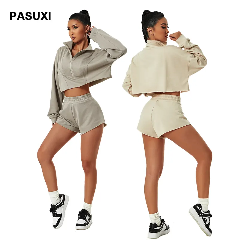 Paduxi Women Fitness Sport Gym Lange Mouwen Activewear Wear Workout 2 Delige Sets Top En Leggings Korte Yoga Set