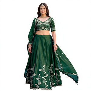 <b>Green</b> <b>Silk</b> Lehenga Choli With White Embroidery For Women Wedding Wear India Pakistan Floor Length Traditional Dress - Product Image 1
