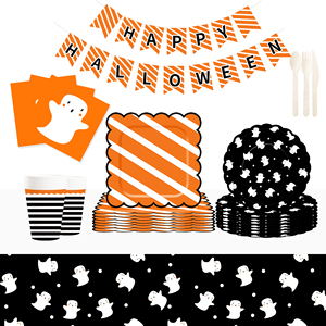 DAMAI Halloween White Ghost Theme Wave Lace Disposable Paper Plates, Cups and Napkins for Halloween Party Supply - Product Image 1