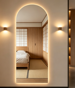 Framed Wood Glass <b>Wall</b> Mirror <b>with</b> LED <b>Lights</b> and Touch <b>Switch</b> Rectangular Japandi Style Home Decor for Living Room and Bedroom - Product Image 1