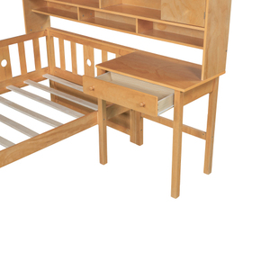 เตียงไม้จริงขนาดทวินไซส์ทันสมัยพร้อมชั้นวางหนังสือในตัว โต๊ะเขียนหนังสือ และเก้าอี้เข้าชุด พร้อมที่เก็บของ - Product Image 5