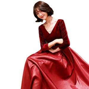 Wine Red V Neck Long Evening Gown A Line Natural Waist Burgundy Satin Formal Dress For Wedding Reception Banquet - Product Image 5