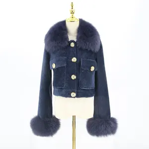 QC22079-2 OEM Hot Selling Fashion Women Cashmere Fox Fur Collar Fox Fur Cuff Wool Cropped Coat