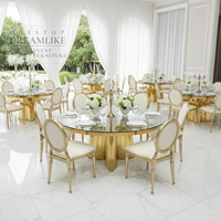 Table à manger ronde de luxe en acier inoxydable avec plateau en verre trempé pour hôtels, mariages et événements - Mobilier d'hôtel contemporain