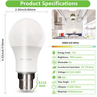 Ampoule LED 5000K SMD à base B22 approuvée CE RoHS en stock AU pour une utilisation en hôtel avec garantie de 3 ans