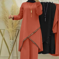 Setelan dua-potong gaya musim semi musim gugur wanita, setelan dua potong kasual lengan panjang leher O kemeja celana kaki lebar metode tenun pola Solid