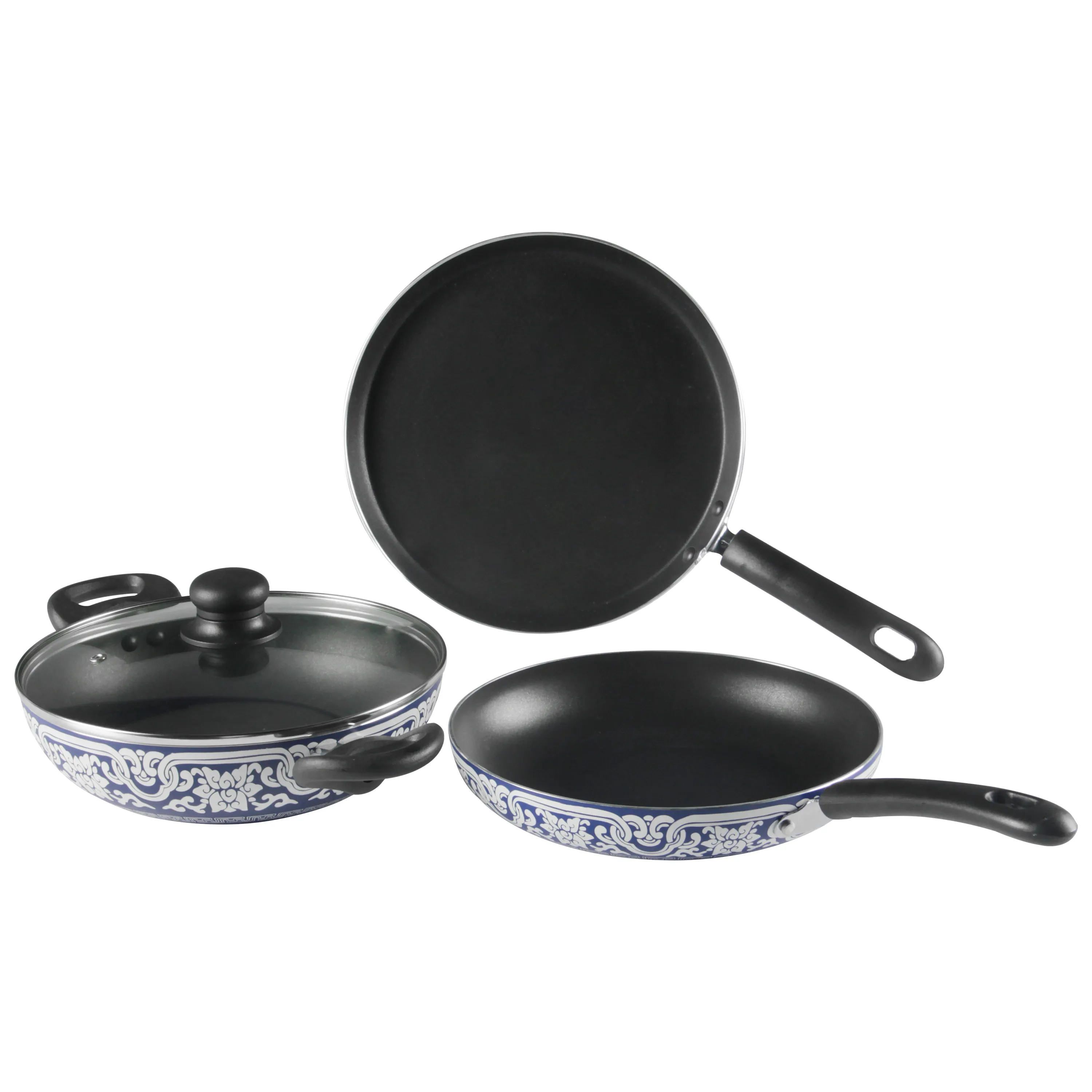 New design Chinese print design wok kitchen cookware set non stick frying pan and lid